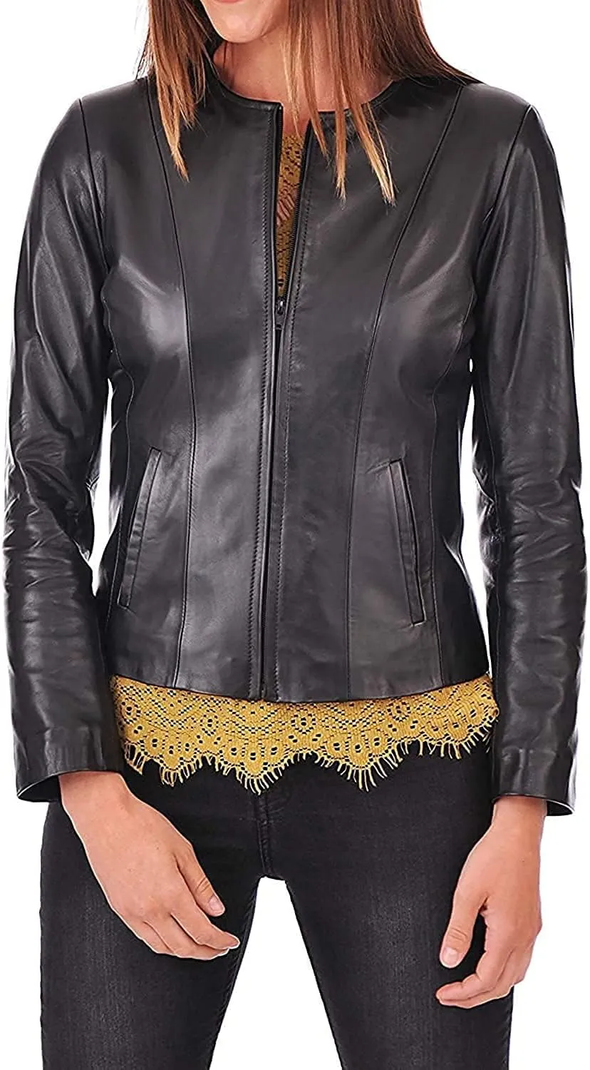 100% Leather Jacket for Women - Collarless Deep Neck & Slim Fit - Moto, Bomber, Biker Winter Casual Wear