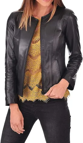 100% Leather Jacket for Women - Collarless Deep Neck & Slim Fit - Moto, Bomber, Biker Winter Casual Wear