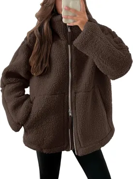 ANRABESS Womens Fleece Jacket Oversized Zip Up Sherpa Fuzzy Casual Coats Winter Fall Outerwear 2024 Clothes with Pockets