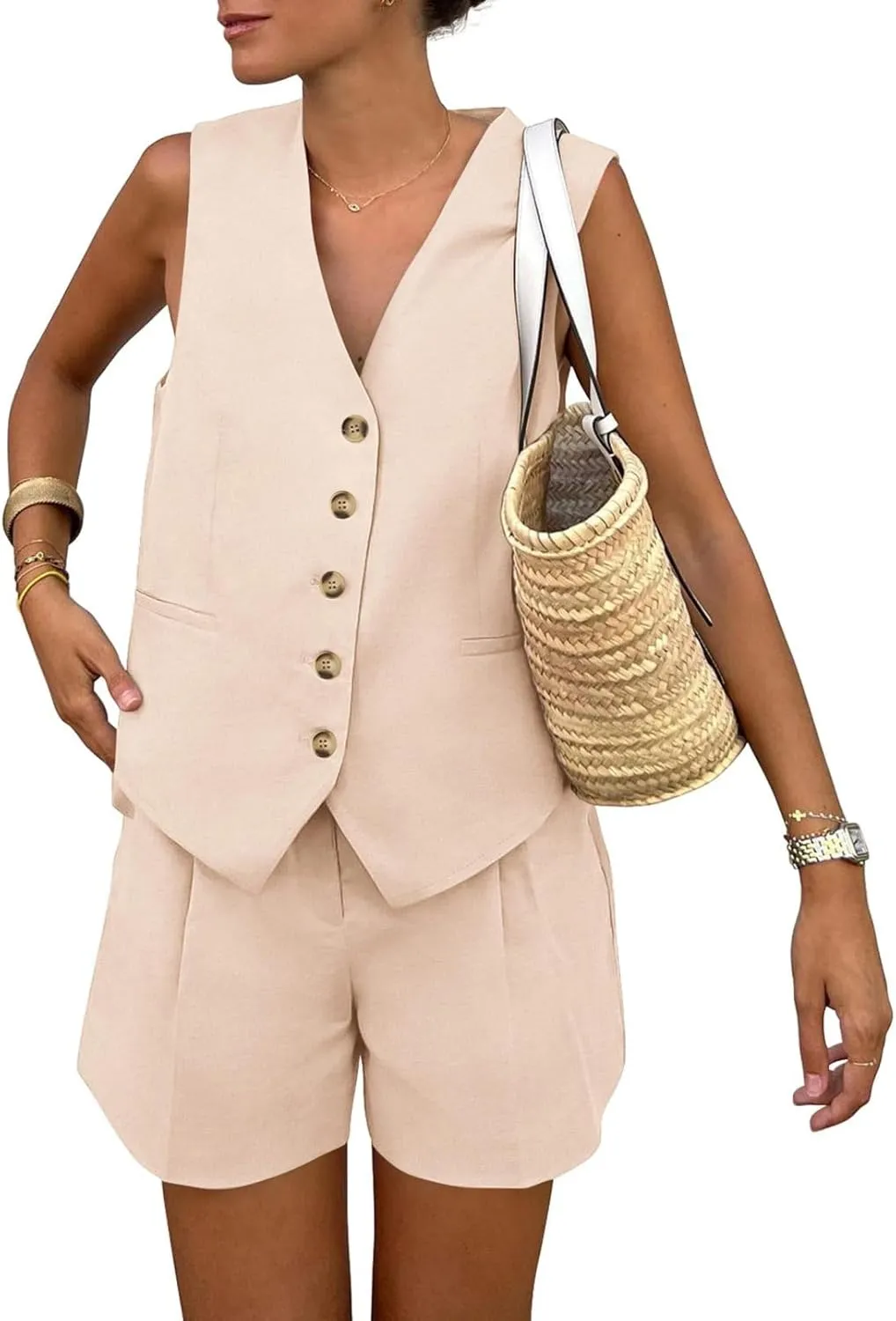 Athlisan Womens Two Piece Outfits Casual Bussiness Vest Sleeveless V Neck Button Front Waistcoat High Waist Shorts