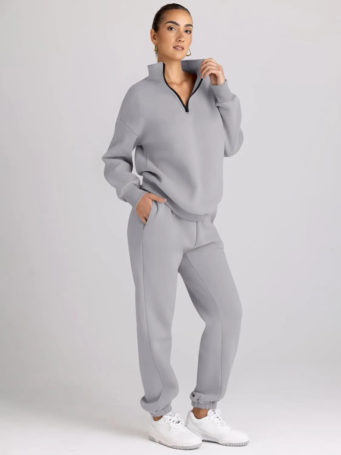 AUTOMET Women's Sweatsuits 2 Piece Outfits Long Sleeve Half Zip Pullover and Baggy Sweatpants with Pockets