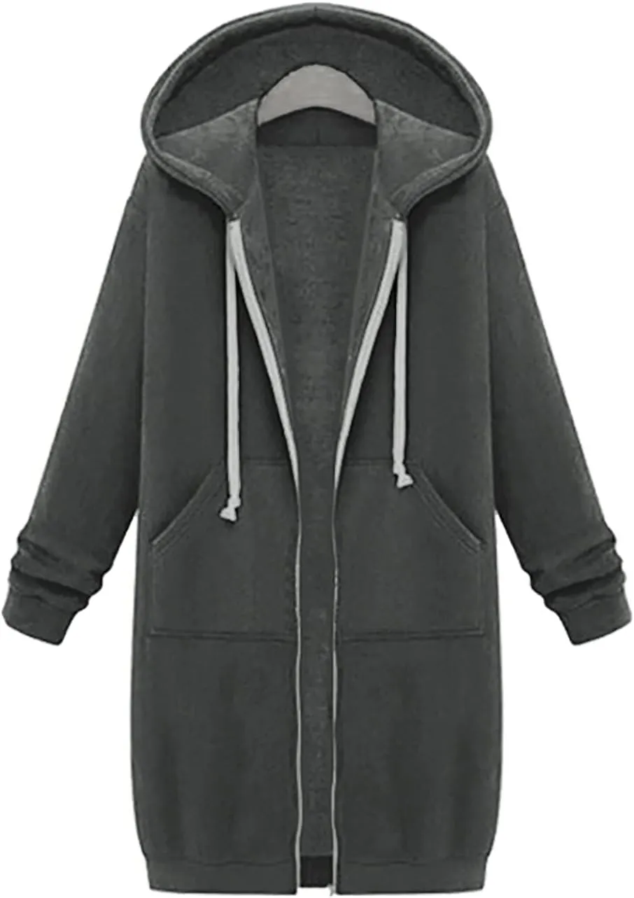 Cdiecer Women Hoodies Zip Up Long Hooded Sweatshirt Jacket Casual Front Cardigan Plus Size Fall Winter Coat with Pockets
