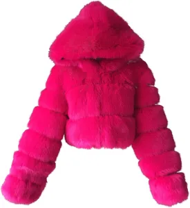 Faux Fur Coat Women with Hood Cropped Bubble Coats Fleece Fuzzy Sherpa Jackets Warm Fluffy Winter Coats Teddy Jackets