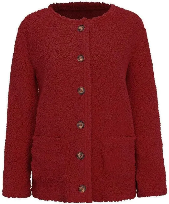 Fleece Jacket Women Button up Fuzzy Long Sleeve Warm Teddy Coats Solid Color Sherpa Jackets Fall Winter Outerwear