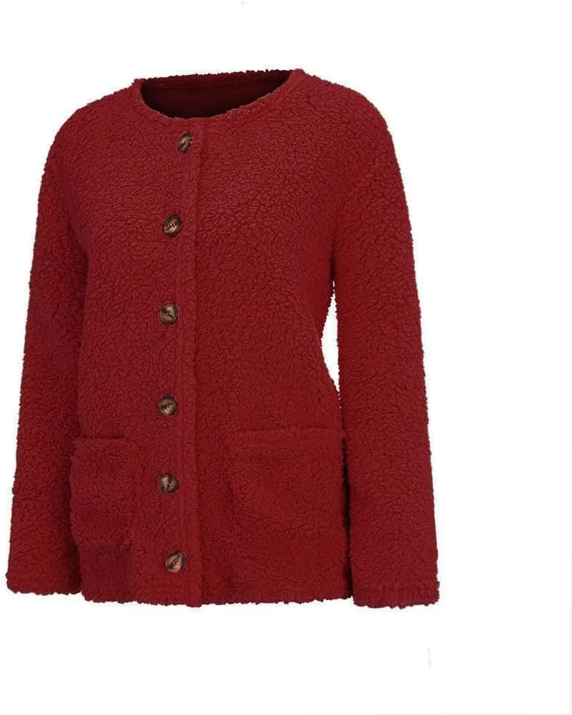 Fleece Jacket Women Button up Fuzzy Long Sleeve Warm Teddy Coats Solid Color Sherpa Jackets Fall Winter Outerwear