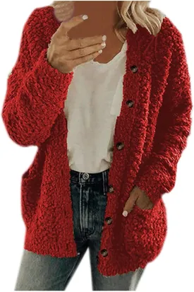 Fleece Jacket Women Button up Fuzzy Long Sleeve Warm Teddy Coats Solid Color Sherpa Jackets Fall Winter Outerwear