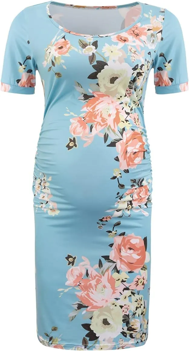 Floral & Solid Maternity Dress, Ruched Side Bodycon Pregnancy Dress for Casual Wear/Baby Shower/Photoshoot