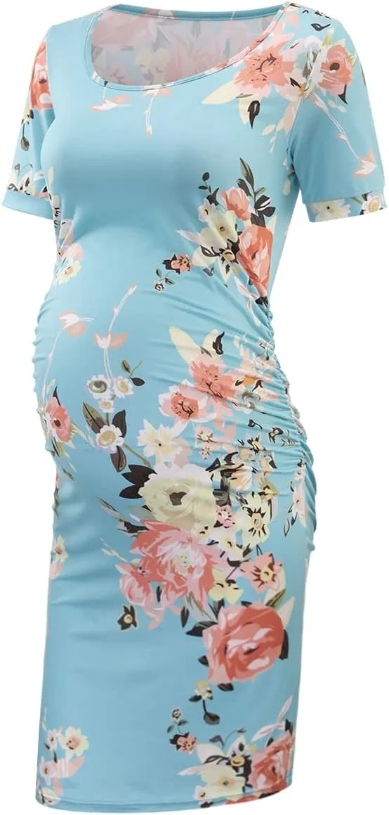Floral & Solid Maternity Dress, Ruched Side Bodycon Pregnancy Dress for Casual Wear/Baby Shower/Photoshoot