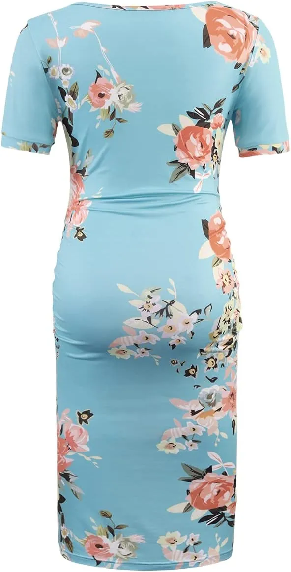 Floral & Solid Maternity Dress, Ruched Side Bodycon Pregnancy Dress for Casual Wear/Baby Shower/Photoshoot