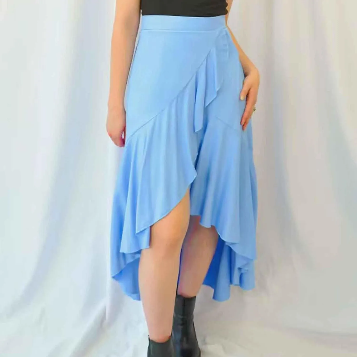 JOAU High Waist Wrap Irregular Flowy Ruffle Skirts for Women Trendy Summer High Low Slit Front A-line Midi Skirt