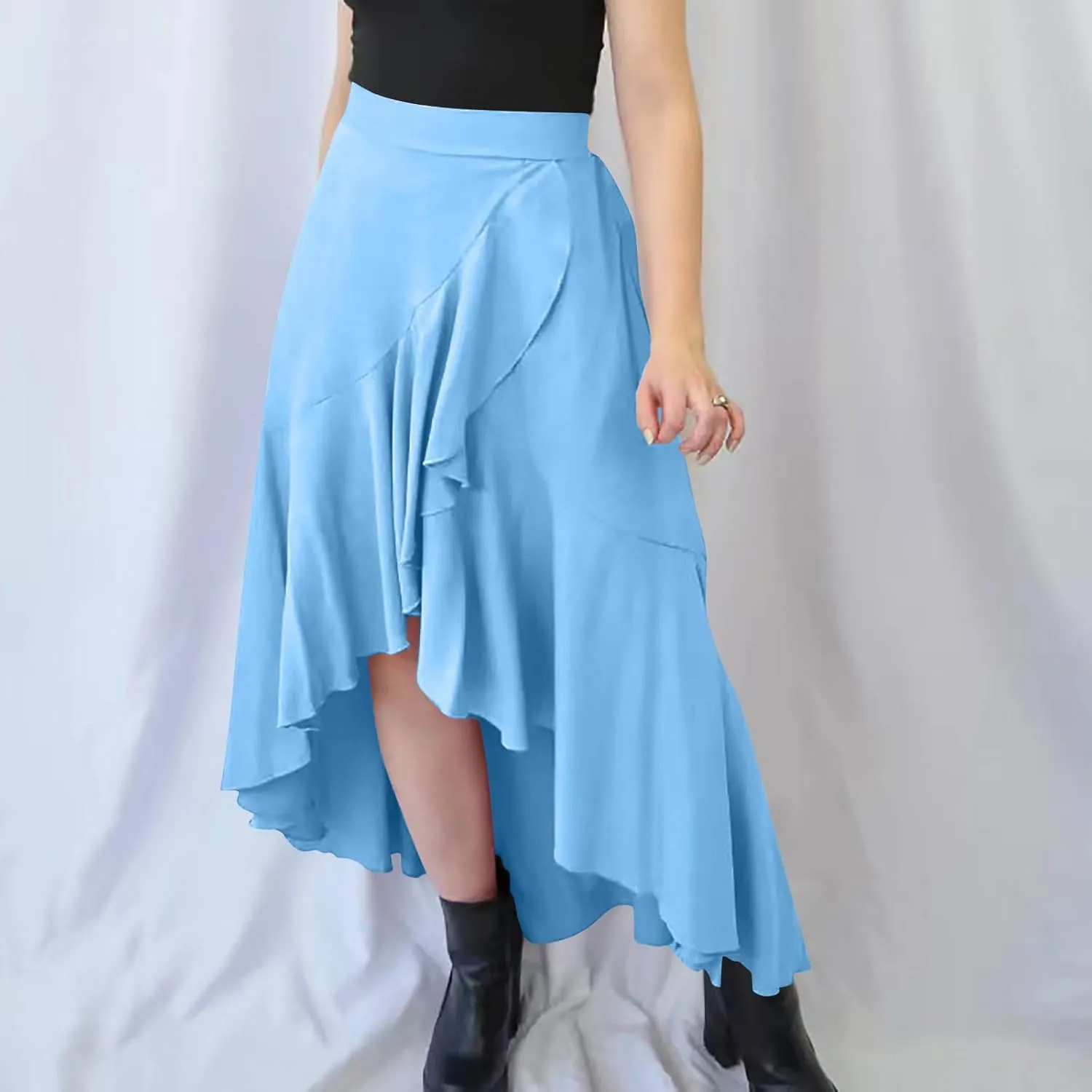 JOAU High Waist Wrap Irregular Flowy Ruffle Skirts for Women Trendy Summer High Low Slit Front A-line Midi Skirt