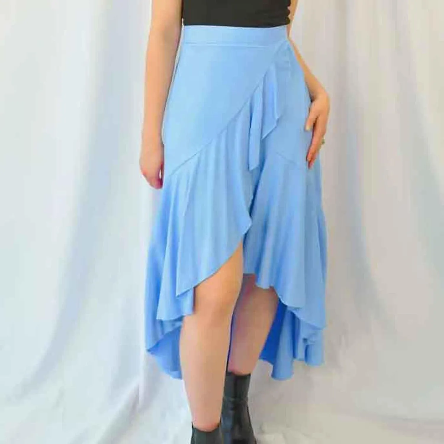 JOAU High Waist Wrap Irregular Flowy Ruffle Skirts for Women Trendy Summer High Low Slit Front A-line Midi Skirt
