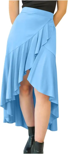JOAU High Waist Wrap Irregular Flowy Ruffle Skirts for Women Trendy Summer High Low Slit Front A-line Midi Skirt