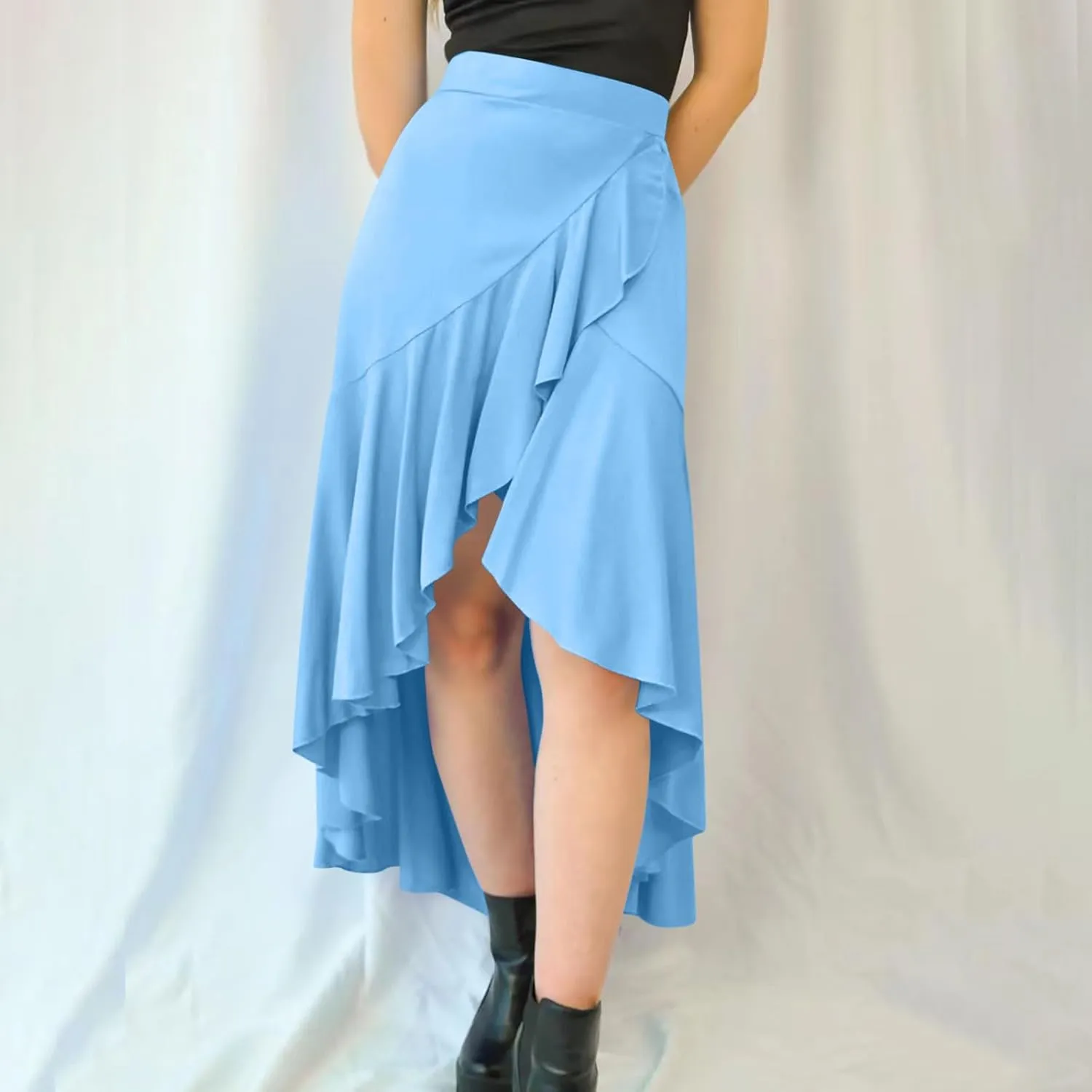 JOAU High Waist Wrap Irregular Flowy Ruffle Skirts for Women Trendy Summer High Low Slit Front A-line Midi Skirt