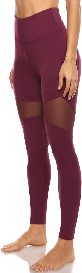 JOYSPELS Yoga Pants for Women with Pockets High Waisted Mesh Workout Leggings Spandex Exercise Running Athletic Leggings (Burgundy, XL)