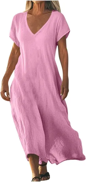 Linen Dresses for Women Trendy Vneck Long Maxi Dress Flowy Summer Sundresses Boho Beach Wear