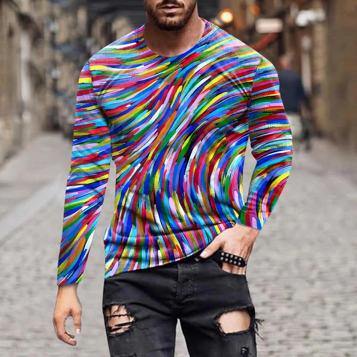 Men's Casual Loose Fit T-Shirt Graphic Abstract Long Sleeve Blouse 3D Print Tops Fashion Designer Vintage Shirts