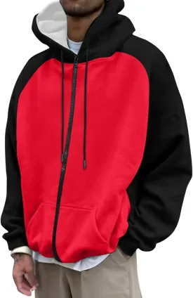 Mens Zipper Hoodies Casual Long Sleeve Sweatshirts Color Block Drawstring Fashion Oversized Cardigan with Pockets