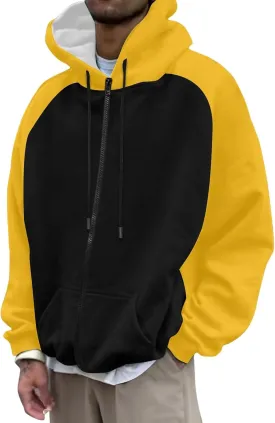 Mens Zipper Hoodies Casual Long Sleeve Sweatshirts Color Block Drawstring Fashion Oversized Cardigan with Pockets