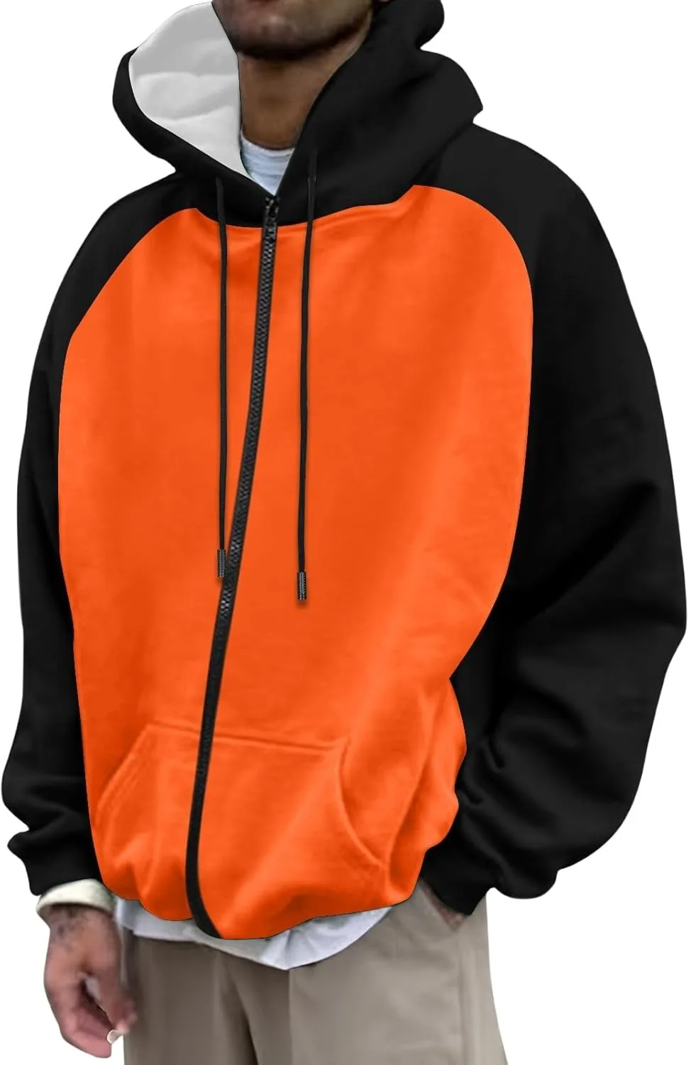 Mens Zipper Hoodies Casual Long Sleeve Sweatshirts Color Block Drawstring Fashion Oversized Cardigan with Pockets