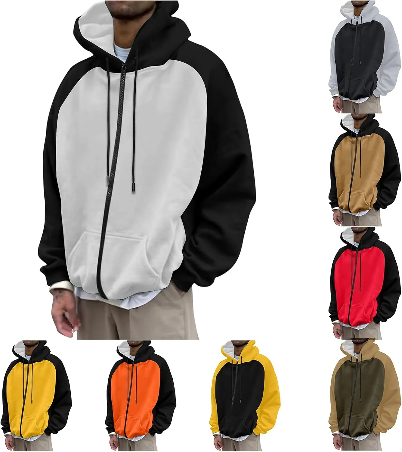 Mens Zipper Hoodies Casual Long Sleeve Sweatshirts Color Block Drawstring Fashion Oversized Cardigan with Pockets