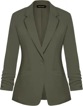 MINTLIMIT Women's Casual Blazer 3/4 Ruched Sleeve Open Front Button Work Office Blazer Jackets with Pockets
