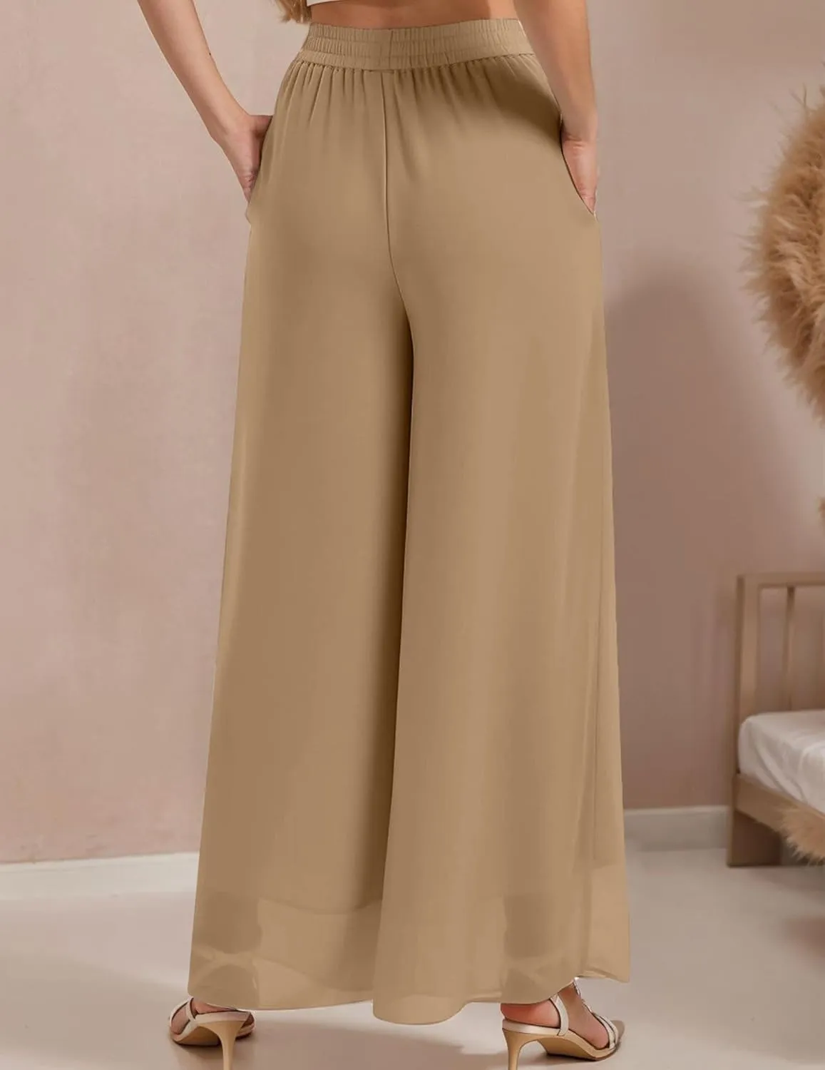 Palazzo Pants for Women Dressy Summer Casual Boho Chiffon Wide Leg Pants Elegant Flowy Beach Pants
