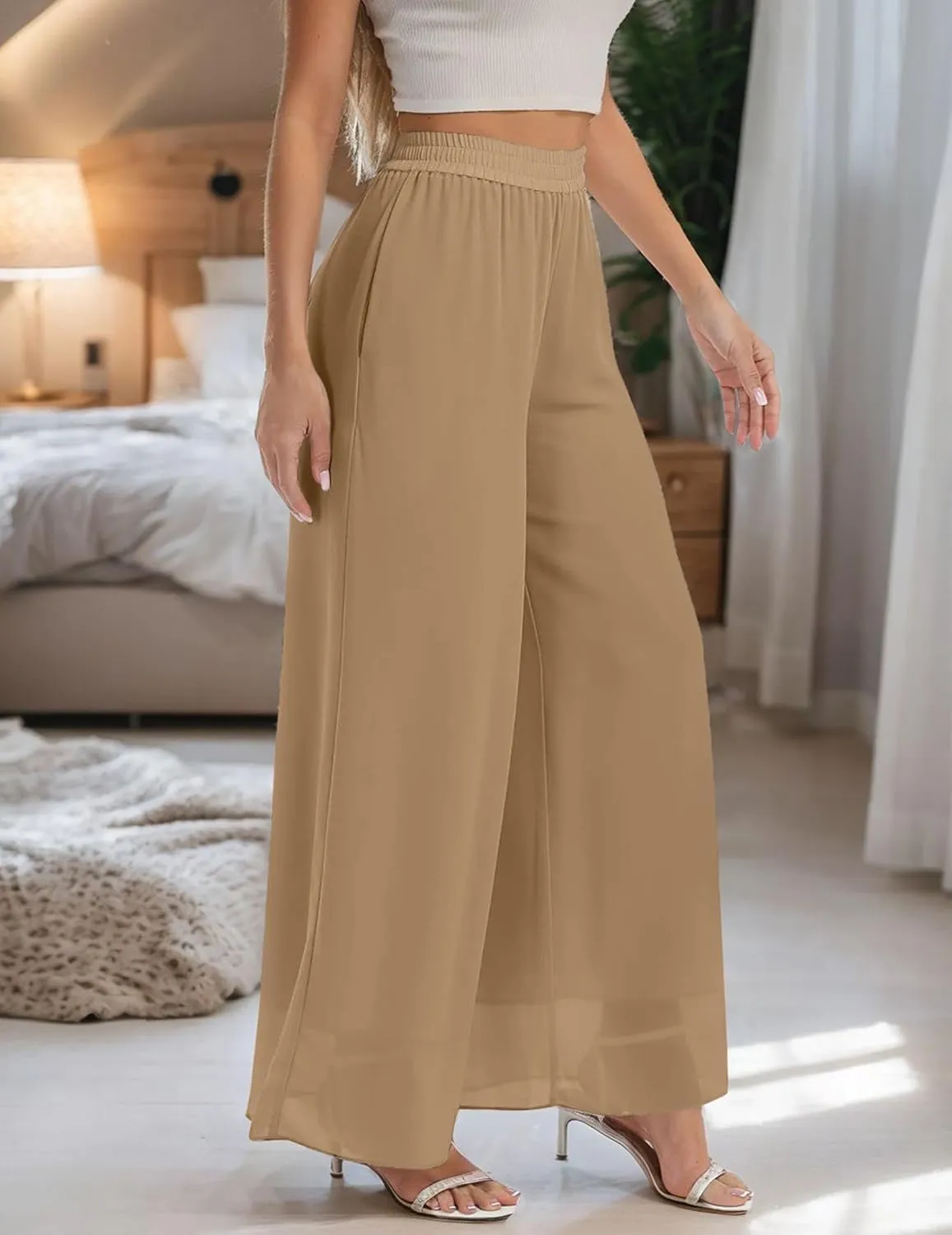 Palazzo Pants for Women Dressy Summer Casual Boho Chiffon Wide Leg Pants Elegant Flowy Beach Pants