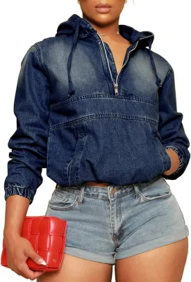 PINSV Women's Half Zip Sweatshirt Denim Hoodie Pullover Jacket Jean Tops