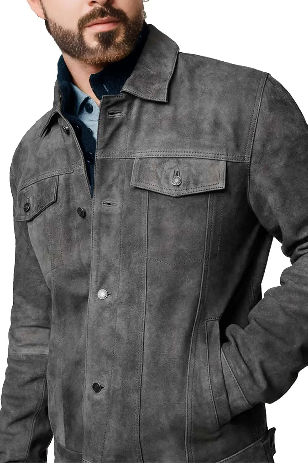 Premium Vintage Trucker Suede Leather Jacket Men Genuine Lambskin Men Leather Jackets Shirt Collar Jackets For Mens