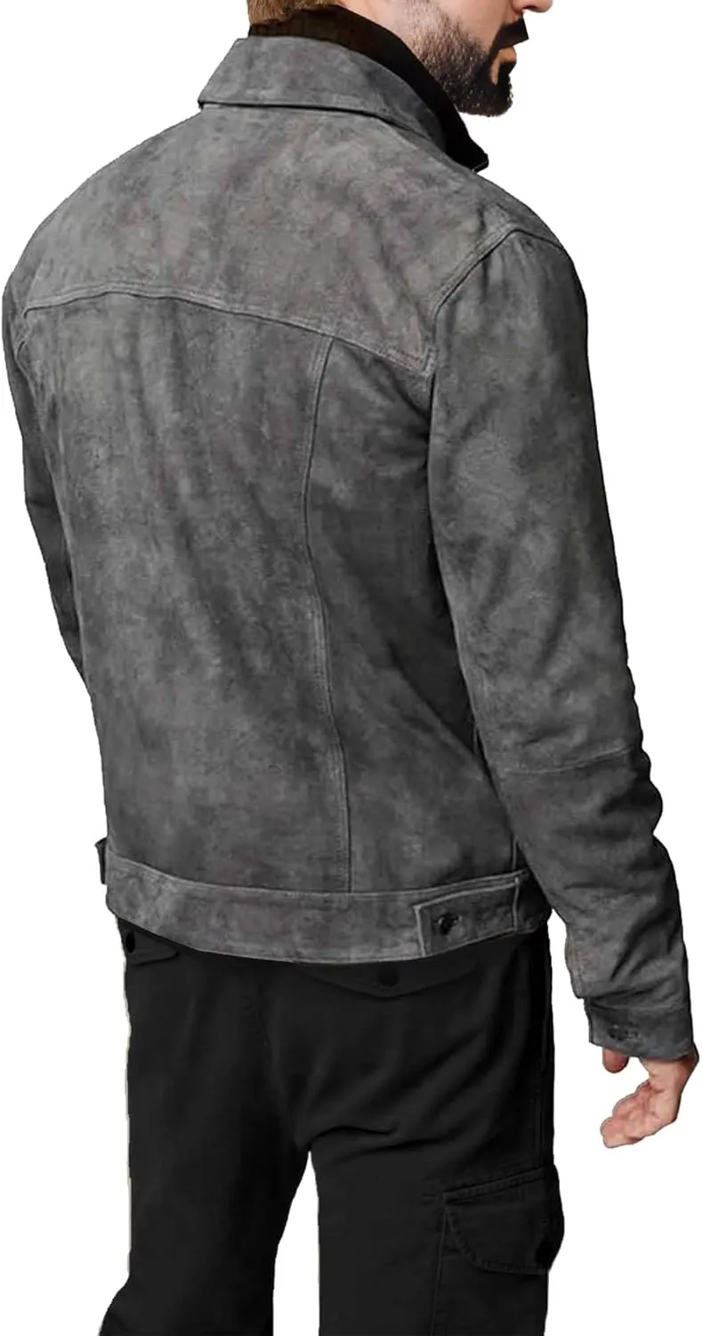 Premium Vintage Trucker Suede Leather Jacket Men Genuine Lambskin Men Leather Jackets Shirt Collar Jackets For Mens