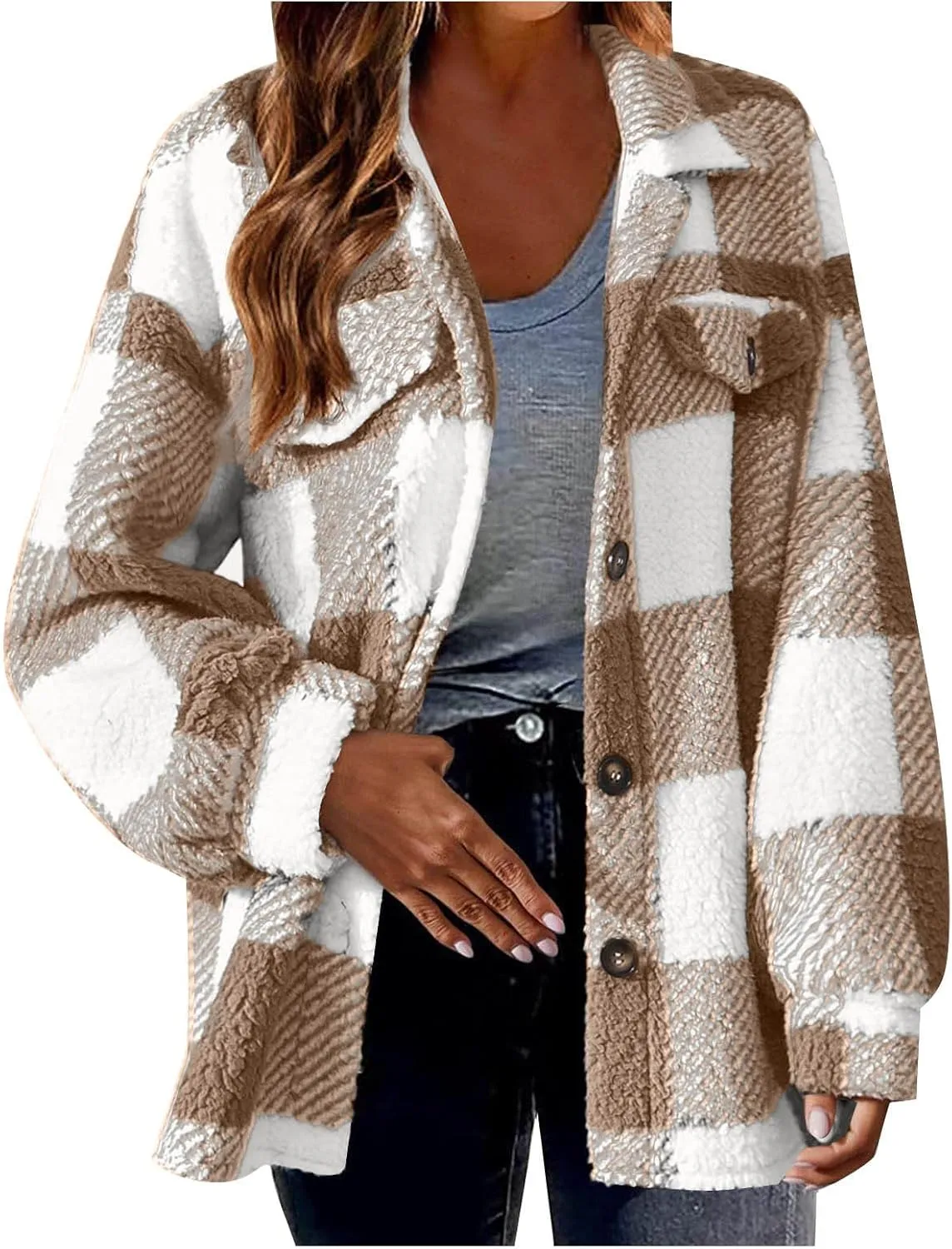 Shackets for Women 2024 Plus Size Fleece Lined Flannel Jacket,Plaid Button Down Shirt Fashion Fall Winter Outfits