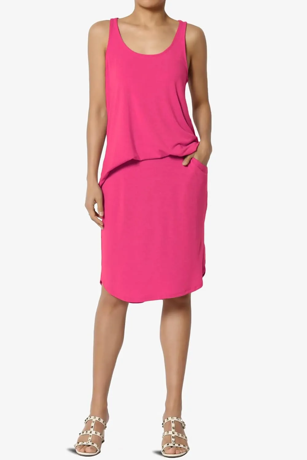 TheMogan Women's Elastic High Waist Soft Midi Skirt w Pocket Comfortable Casual Everyday Wear