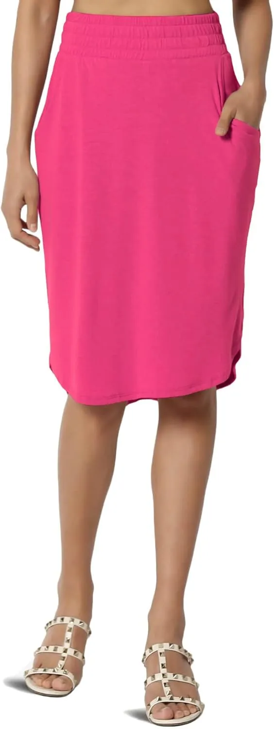 TheMogan Women's Elastic High Waist Soft Midi Skirt w Pocket Comfortable Casual Everyday Wear