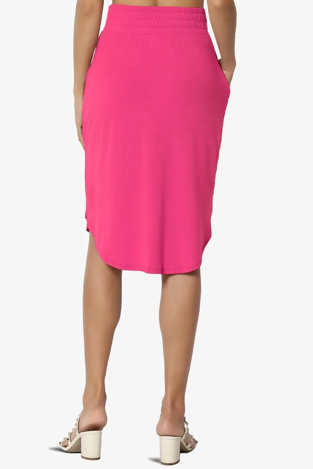 TheMogan Women's Elastic High Waist Soft Midi Skirt w Pocket Comfortable Casual Everyday Wear
