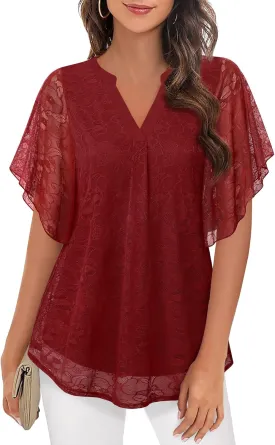 Timeson Womens Tops Dressy Casual Short Sleeve Lace Shirts Evening Date Elegant Office Wear Clothes
