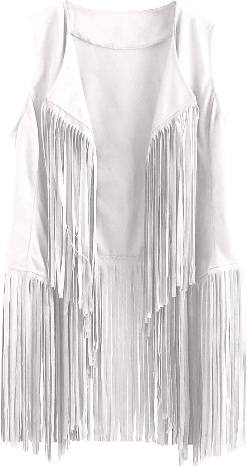 Trendy Faux Suede Fringe Jacket for Women 70s Hippie Cardigans Vest Motorcycle Tassels Sleeveless Coats