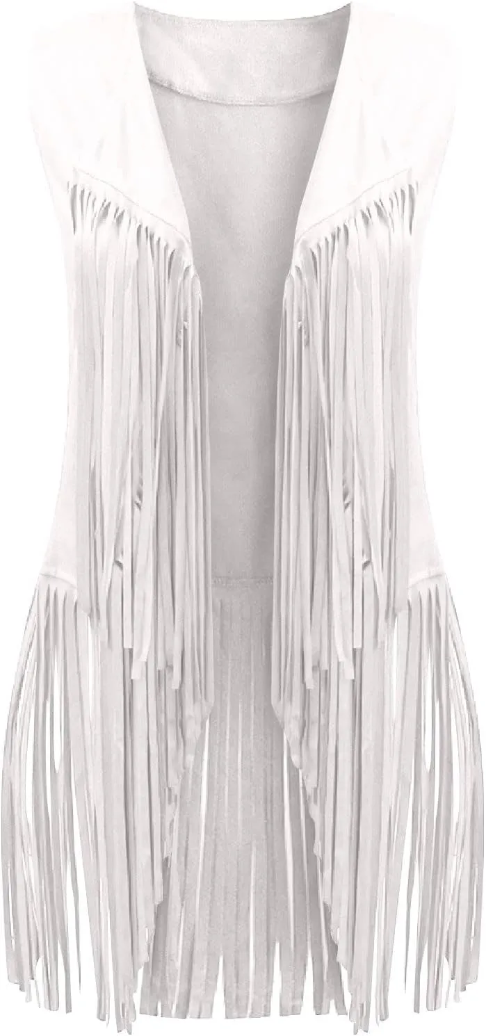 Trendy Faux Suede Fringe Jacket for Women 70s Hippie Cardigans Vest Motorcycle Tassels Sleeveless Coats