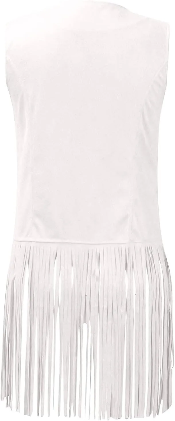 Trendy Faux Suede Fringe Jacket for Women 70s Hippie Cardigans Vest Motorcycle Tassels Sleeveless Coats