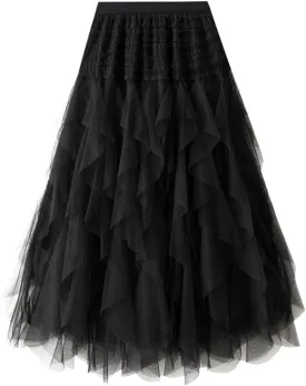 Tulle Tutu Skirts for Women Summer Fashion Elastic High Waist Tiered Ruffle Hem Midi Skirt Elegant Puffy Fairy Skirt
