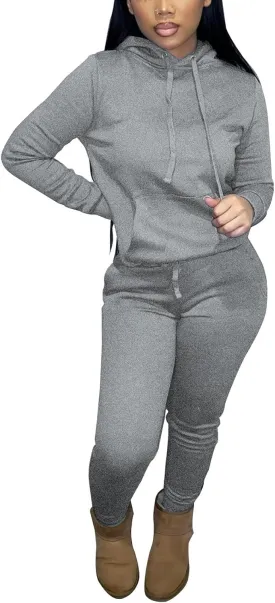 Two Piece Outfits For Women Casual Long Sleeve Hoodie Sweatshirts Jogger Sweatpants Tracksuit Sweatsuit Lounge Sets-Grey-XXL