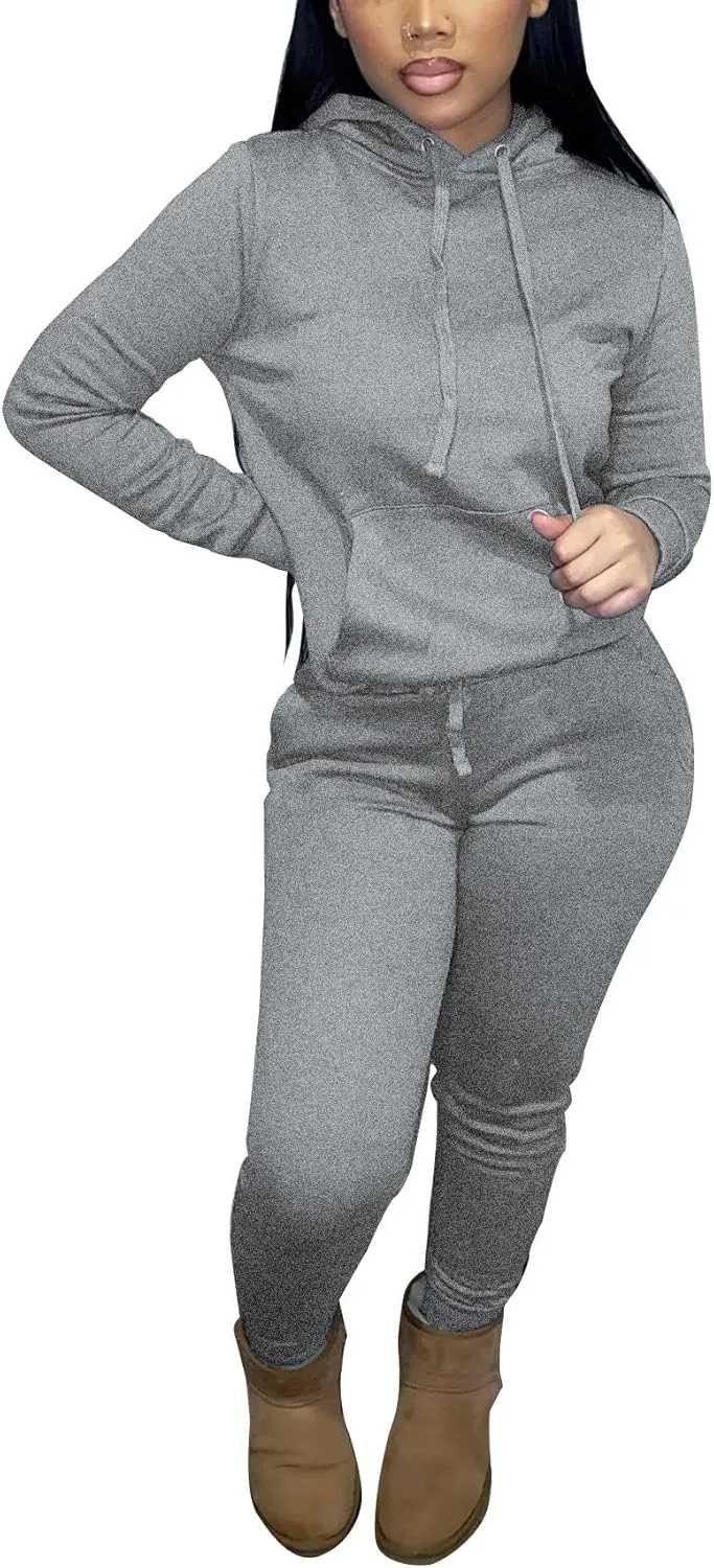 Two Piece Outfits For Women Casual Long Sleeve Hoodie Sweatshirts Jogger Sweatpants Tracksuit Sweatsuit Lounge Sets-Grey-XXL
