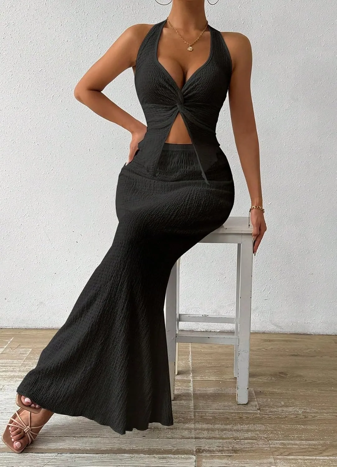 Two Piece Skirt Outfits for Women Twist Halter Crop Top and Maxi Skirt Sets 2 Piece Summer Vacation Set