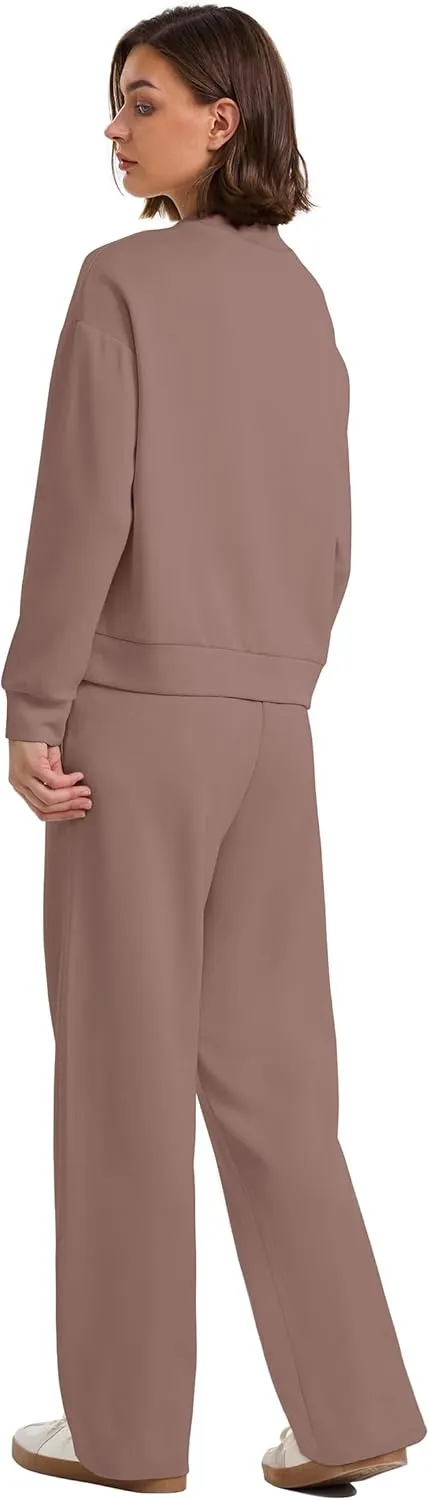 WIHOLL Two Piece Sets for Women Fall Outfits Lounge Sets Mock Neck Tops Wide Leg Pants Vacation Travel Airport Outfits