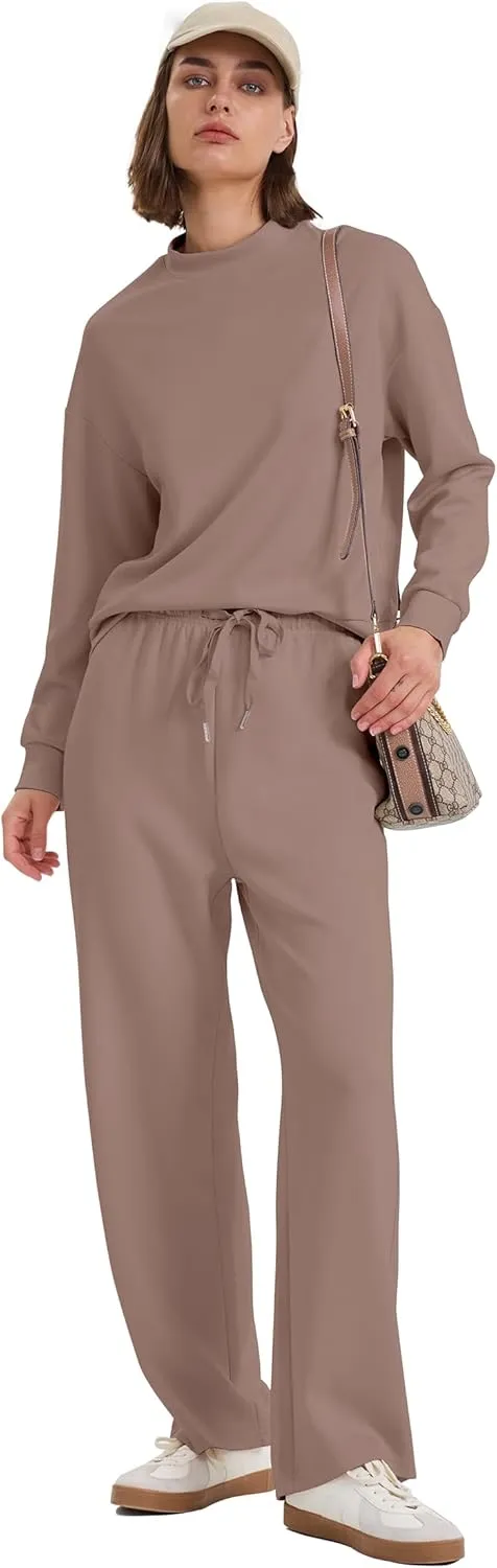 WIHOLL Two Piece Sets for Women Fall Outfits Lounge Sets Mock Neck Tops Wide Leg Pants Vacation Travel Airport Outfits