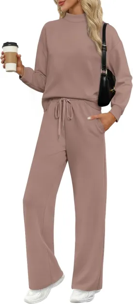WIHOLL Two Piece Sets for Women Fall Outfits Lounge Sets Mock Neck Tops Wide Leg Pants Vacation Travel Airport Outfits