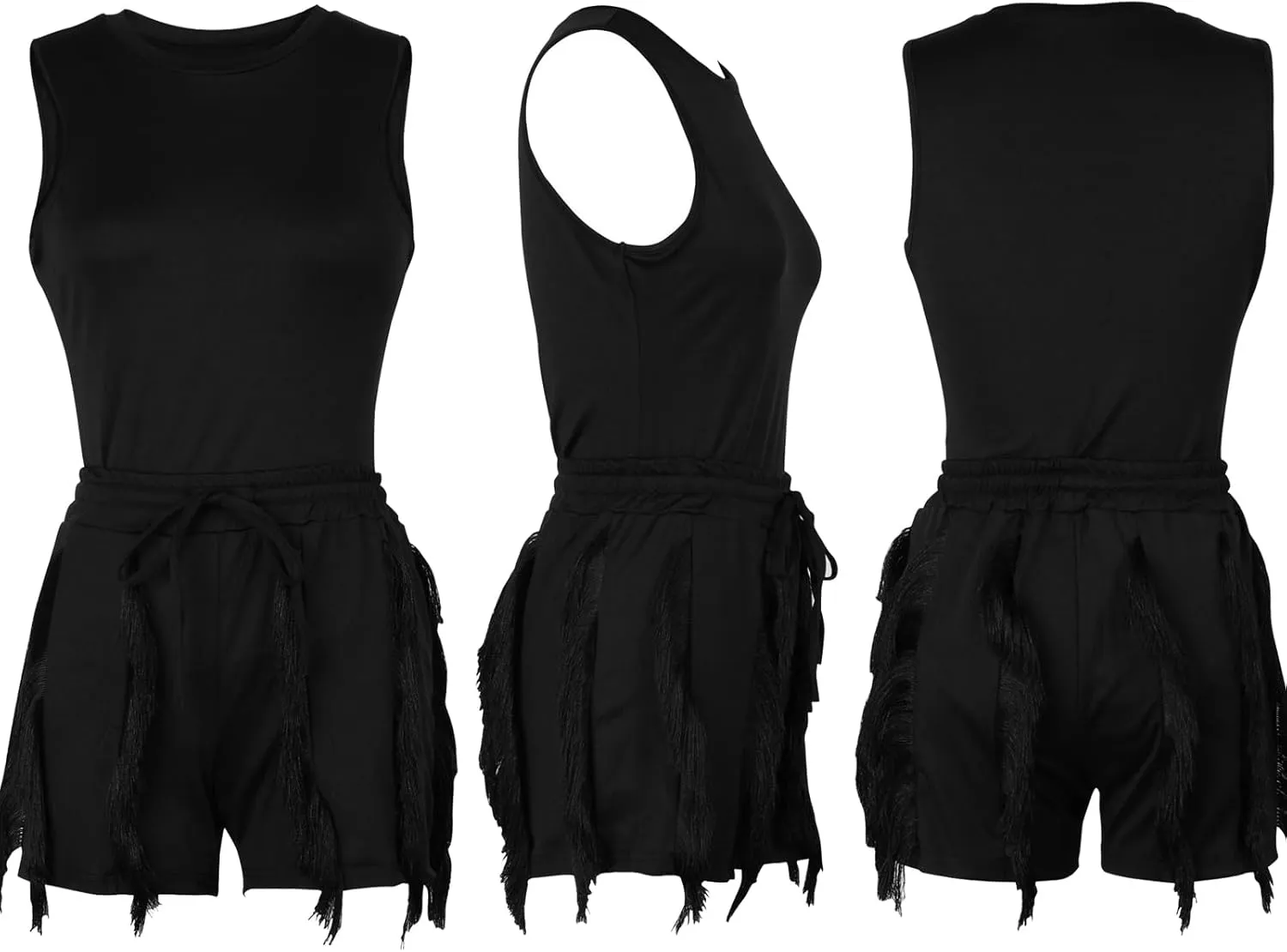 Women Casual Fringe Two Piece Outfits Tassel Short Pants Set Sleeveless Tank Tops Bodysuit Party Clubwears