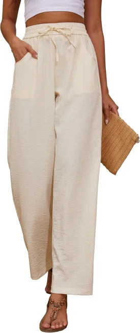 Women Pants Flowy Pants Drawstring Waist Wide Leg Palazzo Beach Pants Loose Fit with Pockets