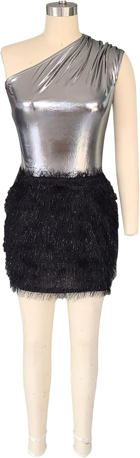 Women Two Piece One Shoulder Sexy Metallic Shiny Bodysuit Furry Mini Skirt Bodycon Outfit Fringe Tassel Clubwear Set
