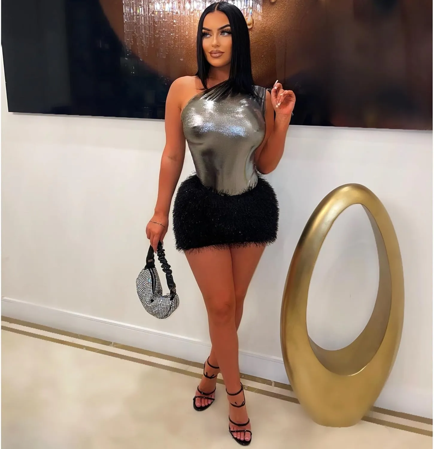 Women Two Piece One Shoulder Sexy Metallic Shiny Bodysuit Furry Mini Skirt Bodycon Outfit Fringe Tassel Clubwear Set